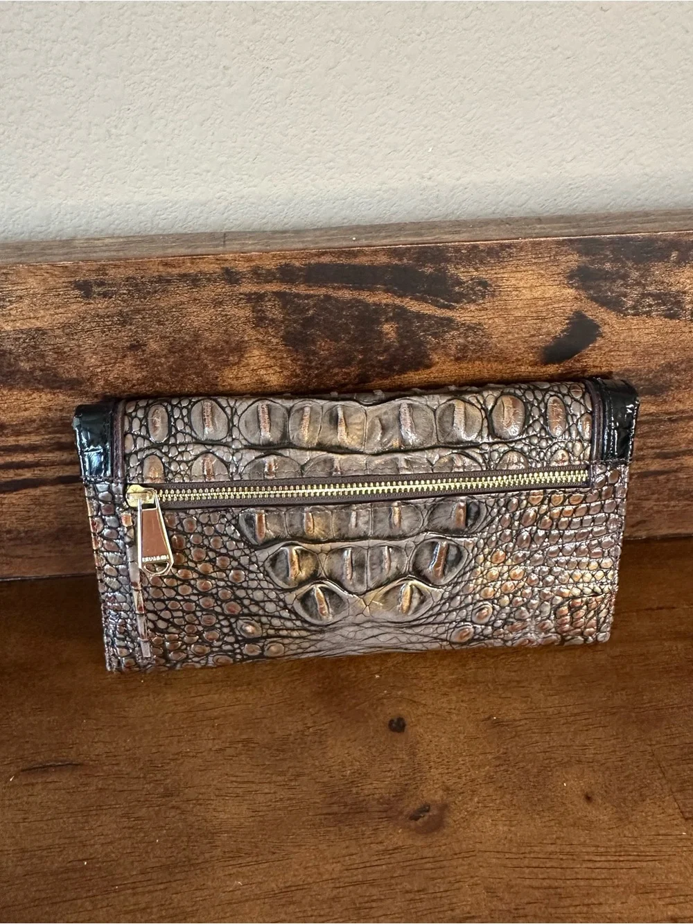 Brahmin Bronze Croc-Embossed Trifold Wallet